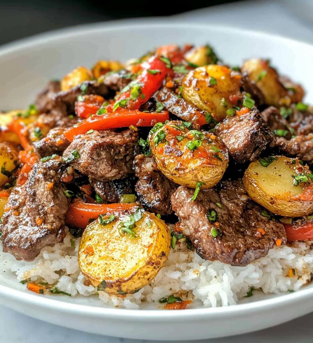 Healthy Beef and Pepper Rice Bowl with Crispy Potato Bites