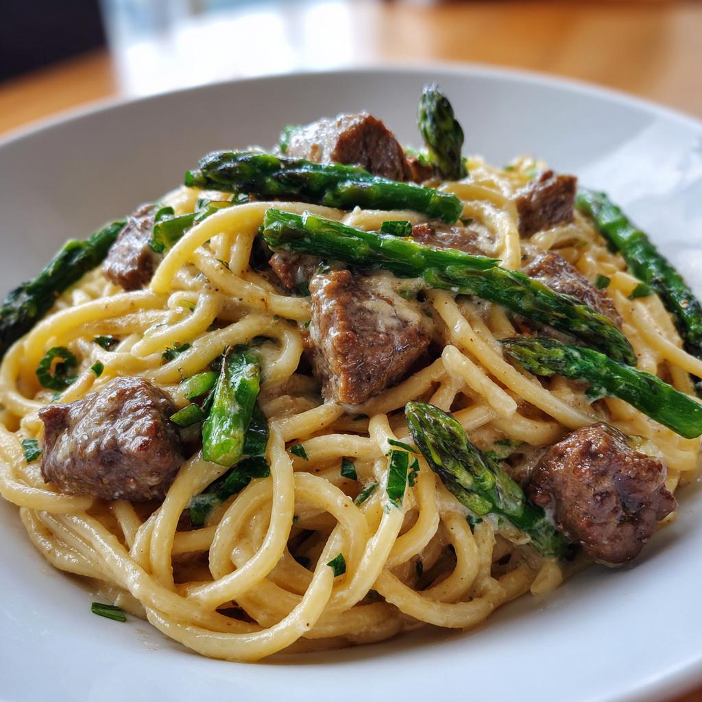 High Protein Creamy Beef Pasta with Roasted Asparagus