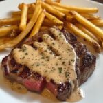 Juicy Steak with Creamy Garlic Sauce and Crispy Fries