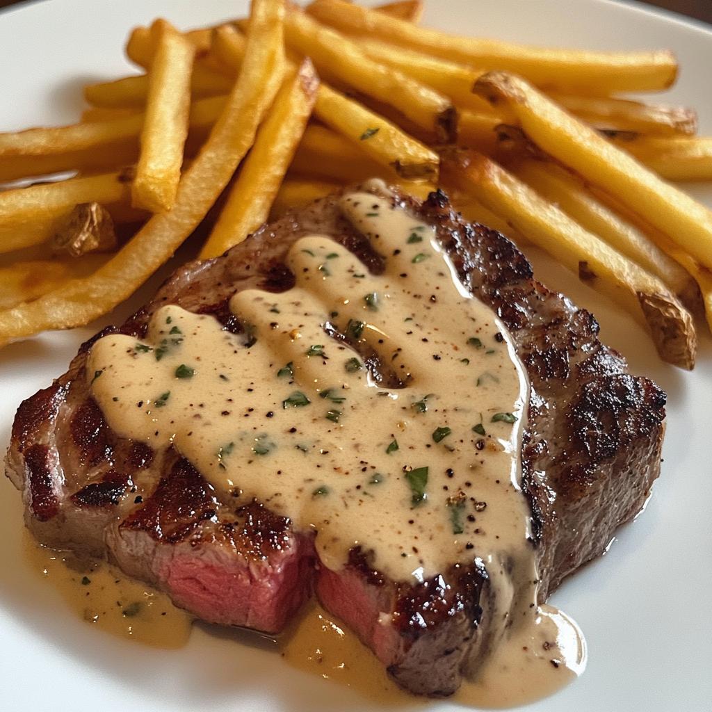Juicy Steak with Creamy Garlic Sauce and Crispy Fries