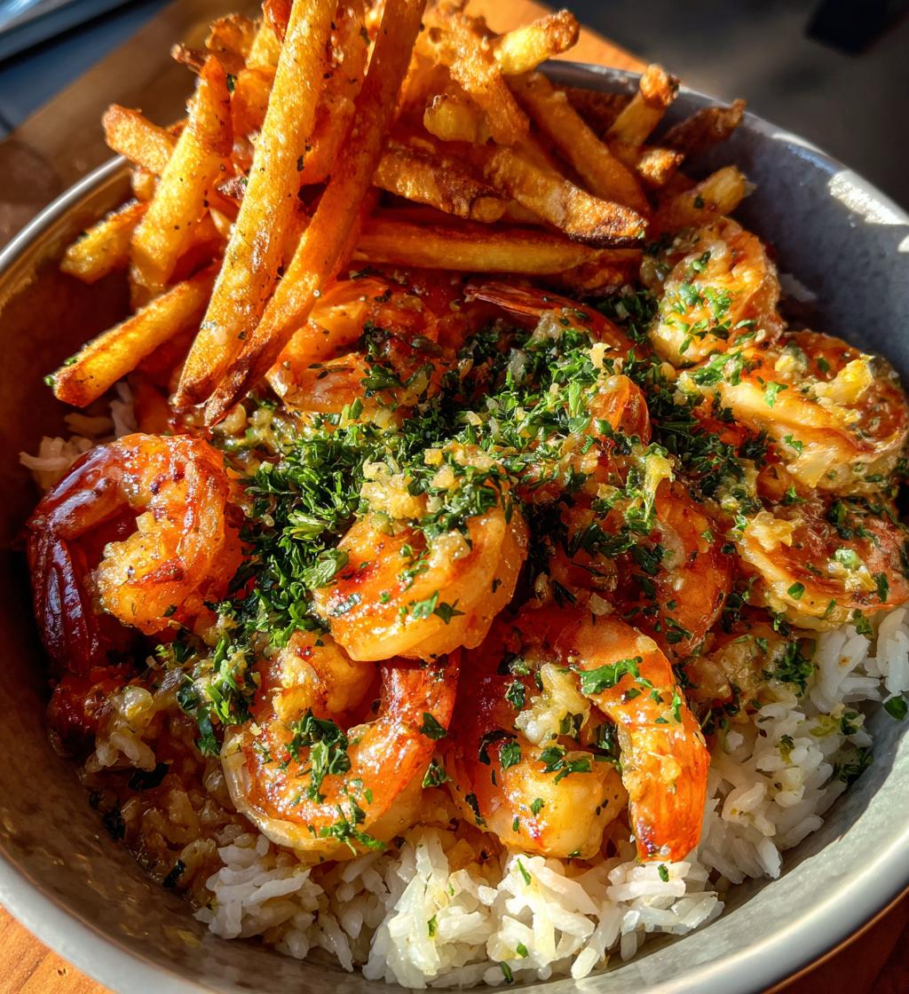 Lemon Garlic Shrimp Rice Bowl with Crispy Fries