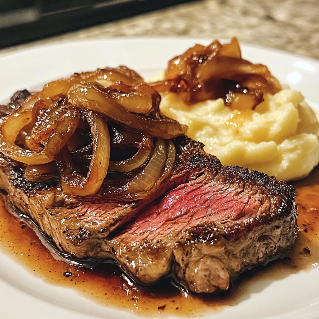 Ribeye Steak with Caramelized Onions and Mashed Potatoes