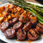 Sausage and Sweet Potatoes with Honey Garlic Sauce and Grilled Asparagus