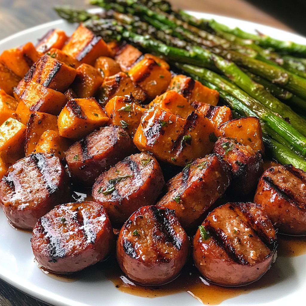 Sausage and Sweet Potatoes with Honey Garlic Sauce and Grilled Asparagus
