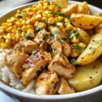 Savory Chicken Rice Bowl with Street Corn Twist and Potato Wedges