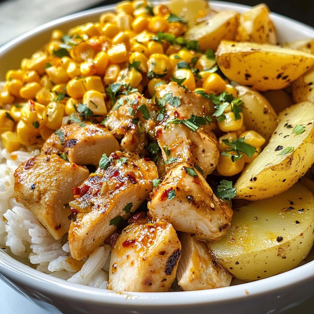 Savory Chicken Rice Bowl with Street Corn Twist and Potato Wedges