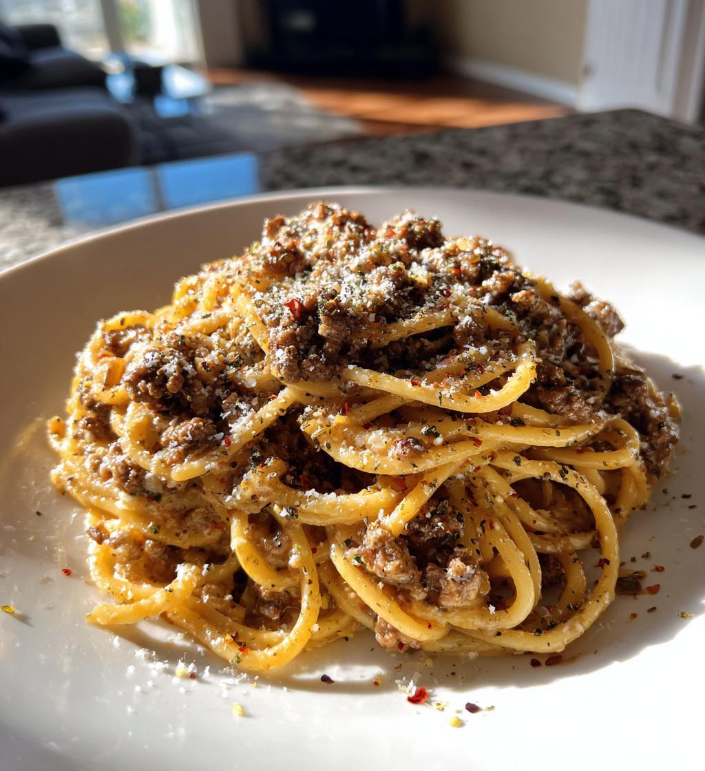 Savory Garlic Butter Ground Beef Linguine in Creamy Parmesan Sauce
