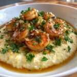 Shrimp and Grits featuring plump, pink shrimp sautéed with garlic and onions resting atop creamy