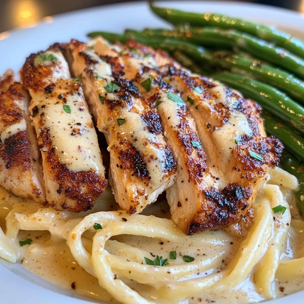 Smoky Paprika Chicken Alfredo with Lemon Feta Cream and Grilled Green Beans