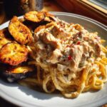 Spicy Whipped Feta Chicken Alfredo with Crispy Eggplant Wedges