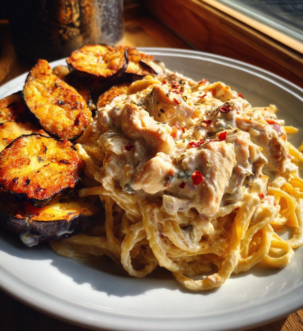 Spicy Whipped Feta Chicken Alfredo with Crispy Eggplant Wedges