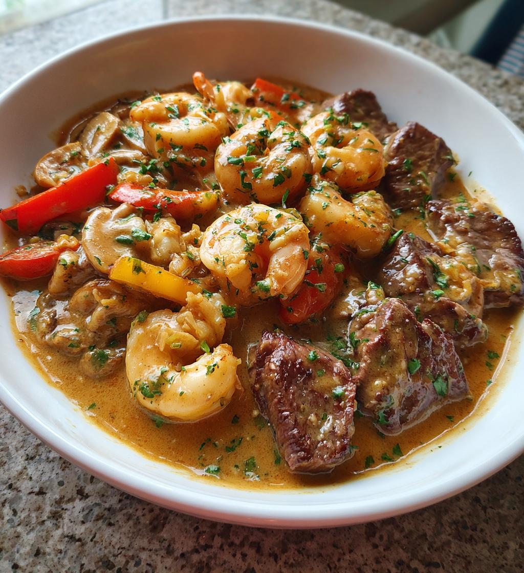 Steak and Seafood Stir-Fry with Garlic Parmesan Cream Sauce