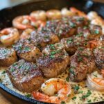 Steak and Shrimp Skillet with Creamy Garlic Sauce