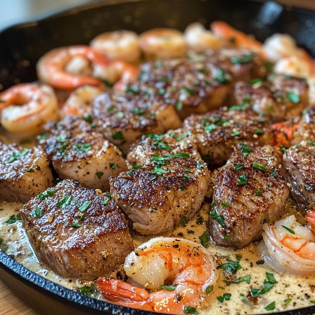 Steak and Shrimp Skillet with Creamy Garlic Sauce