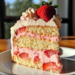 Strawberry Swirl Vanilla Cream Cake with Whipped Mascarpone Frosting.