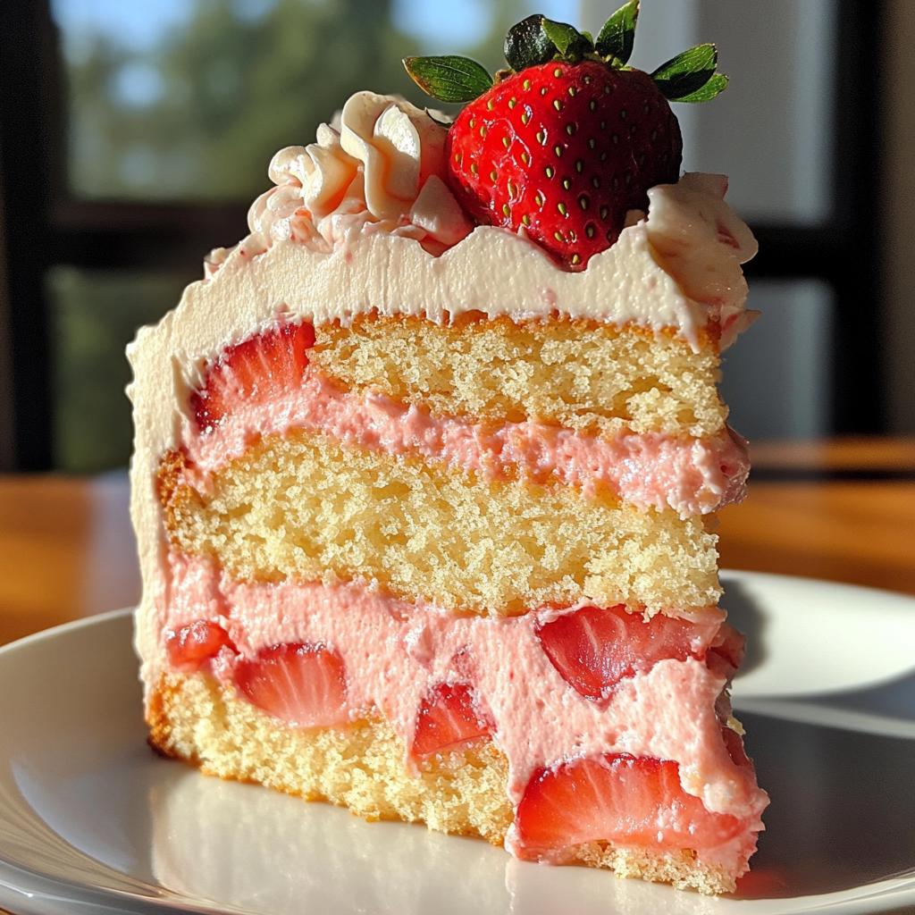 Strawberry Swirl Vanilla Cream Cake with Whipped Mascarpone Frosting.