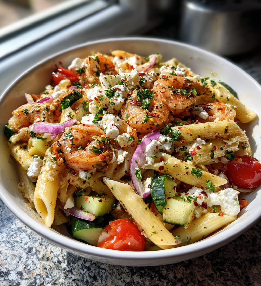 Summer Pasta Salad with Spicy Feta and Shrimp
