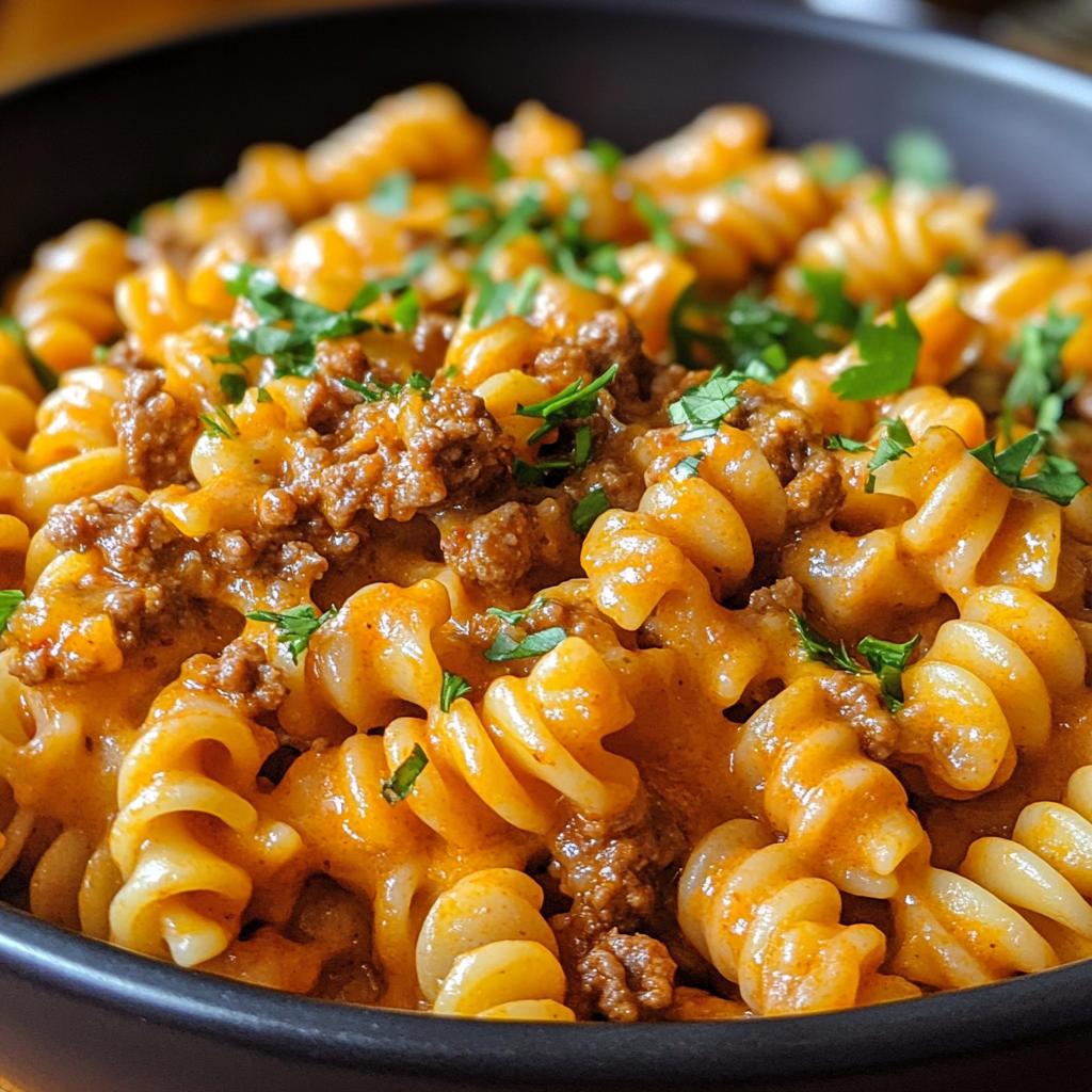 creamy Rotel pasta with ground beef