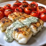easy grilled cod with roasted tomatoes and creamy dill sauce