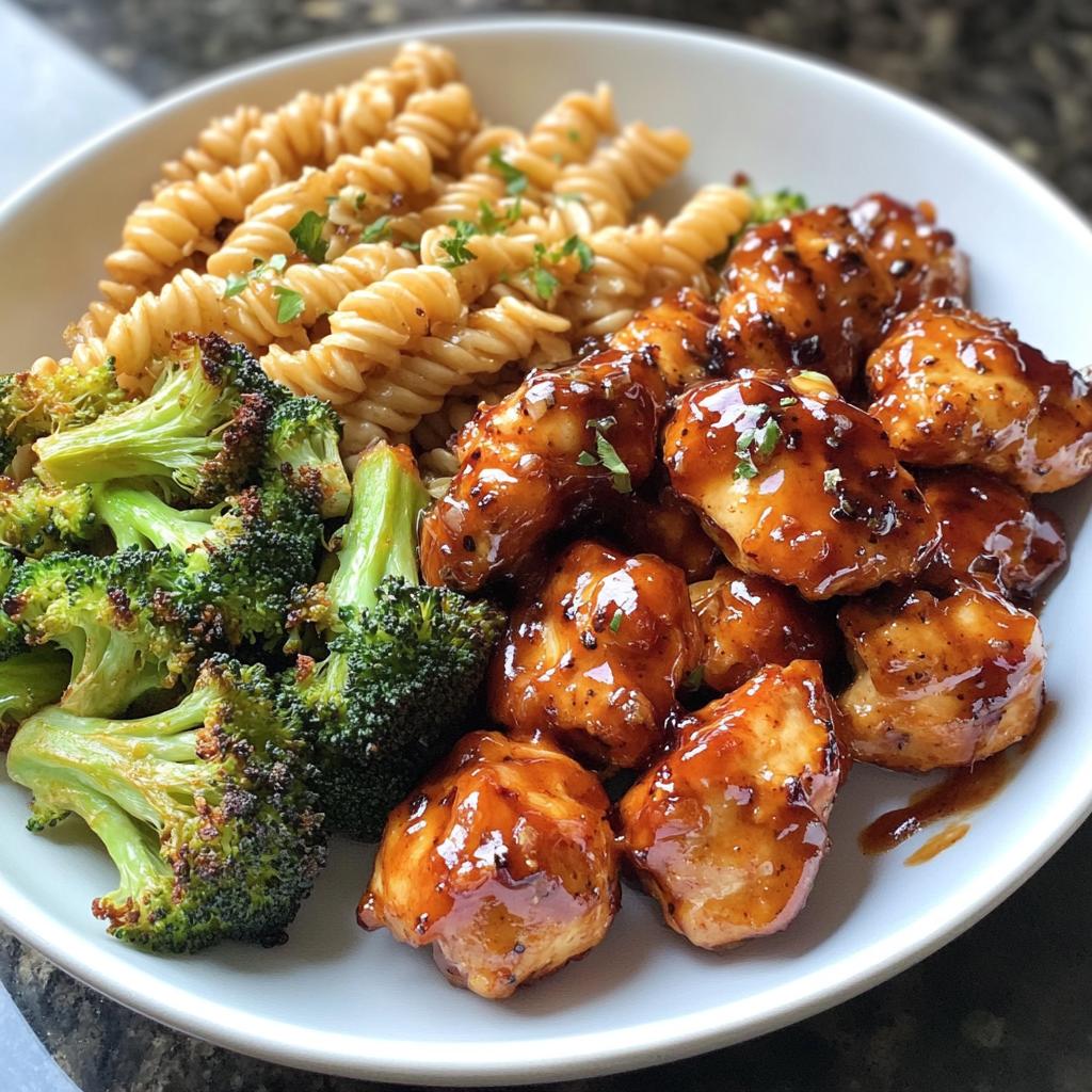 hot honey garlic chicken bites with Cajun Alfredo and crispy broccoli twists