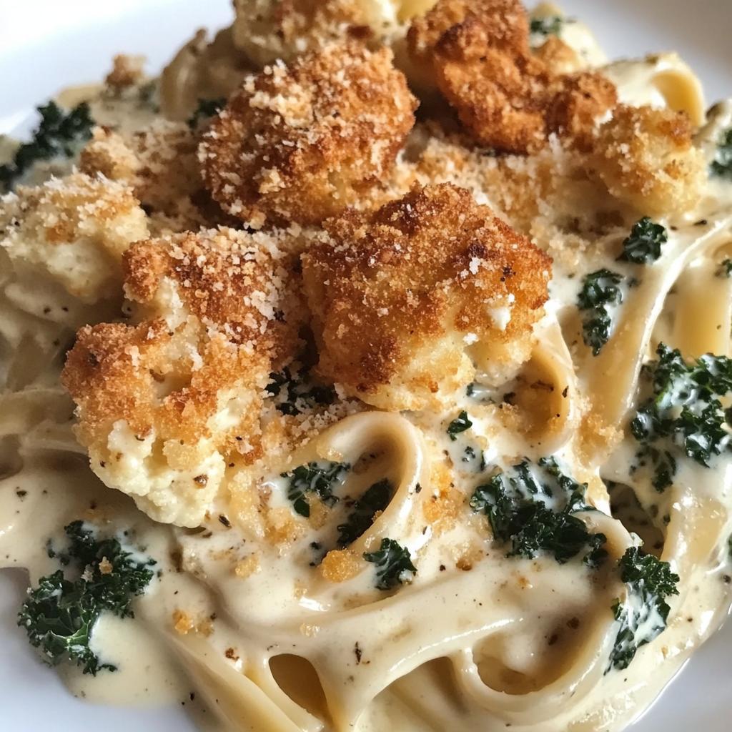 picy Cajun Cauliflower Alfredo with Parmesan Kale Chips