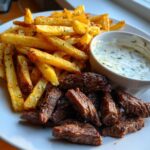 Air Fryer Beef with french fries and garlic mayo dip