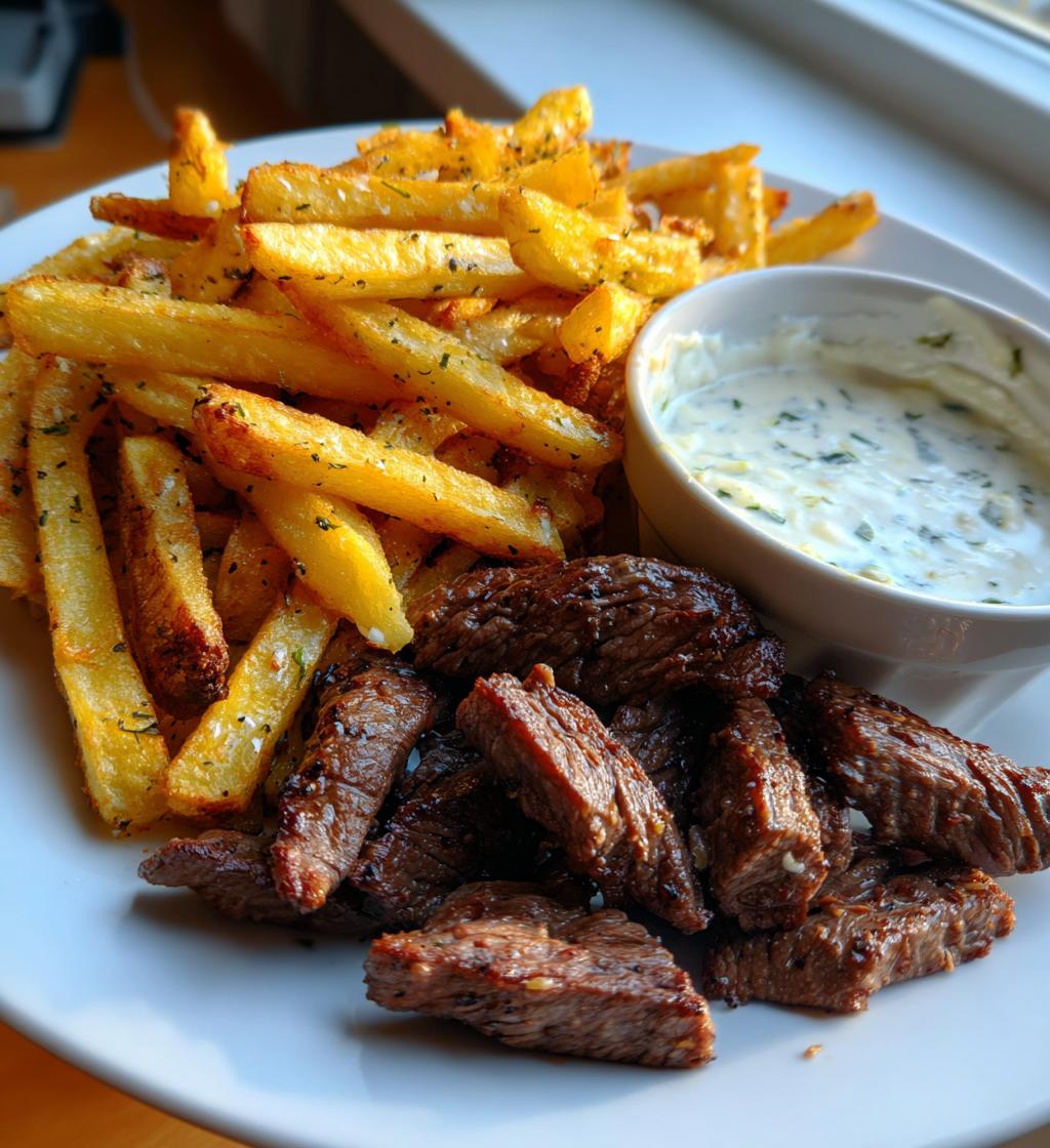 Air Fryer Beef with french fries and garlic mayo dip