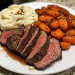 Air Fryer Beef with mashed potatoes and roasted carrots