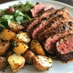 Air Fryer Beef with roasted potatoes and mixed greens