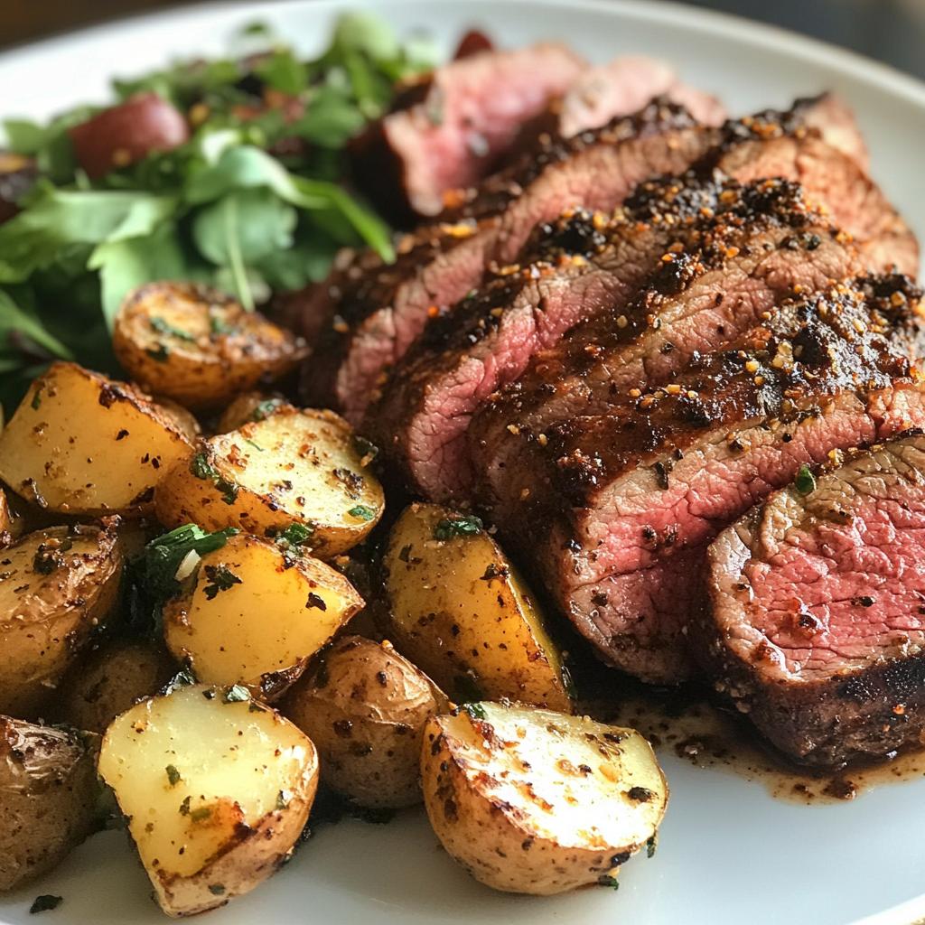 Air Fryer Beef with roasted potatoes and mixed greens