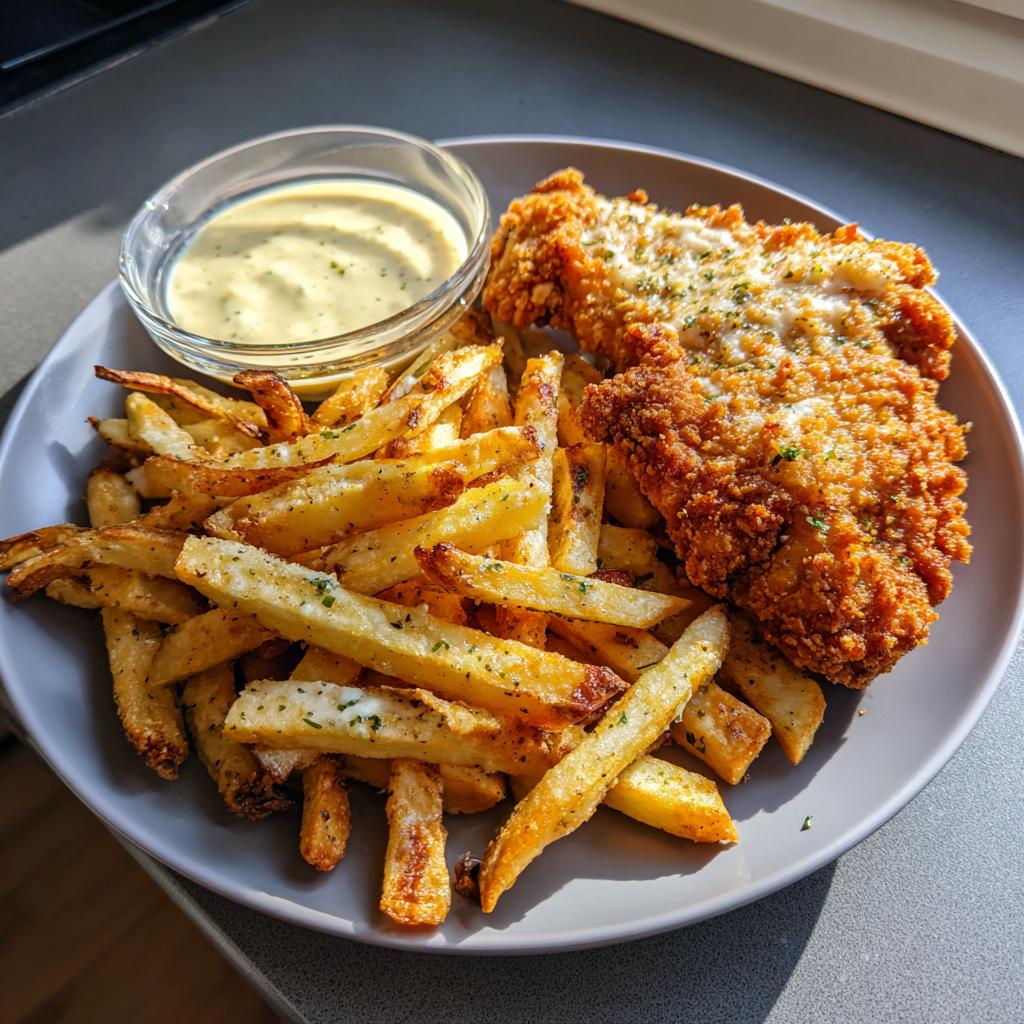 Air Fryer Chicken with garlic parmesan fries and dipping sauce