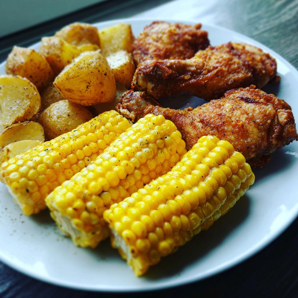 Air Fryer Chicken with roasted garlic potatoes and corn on the cob