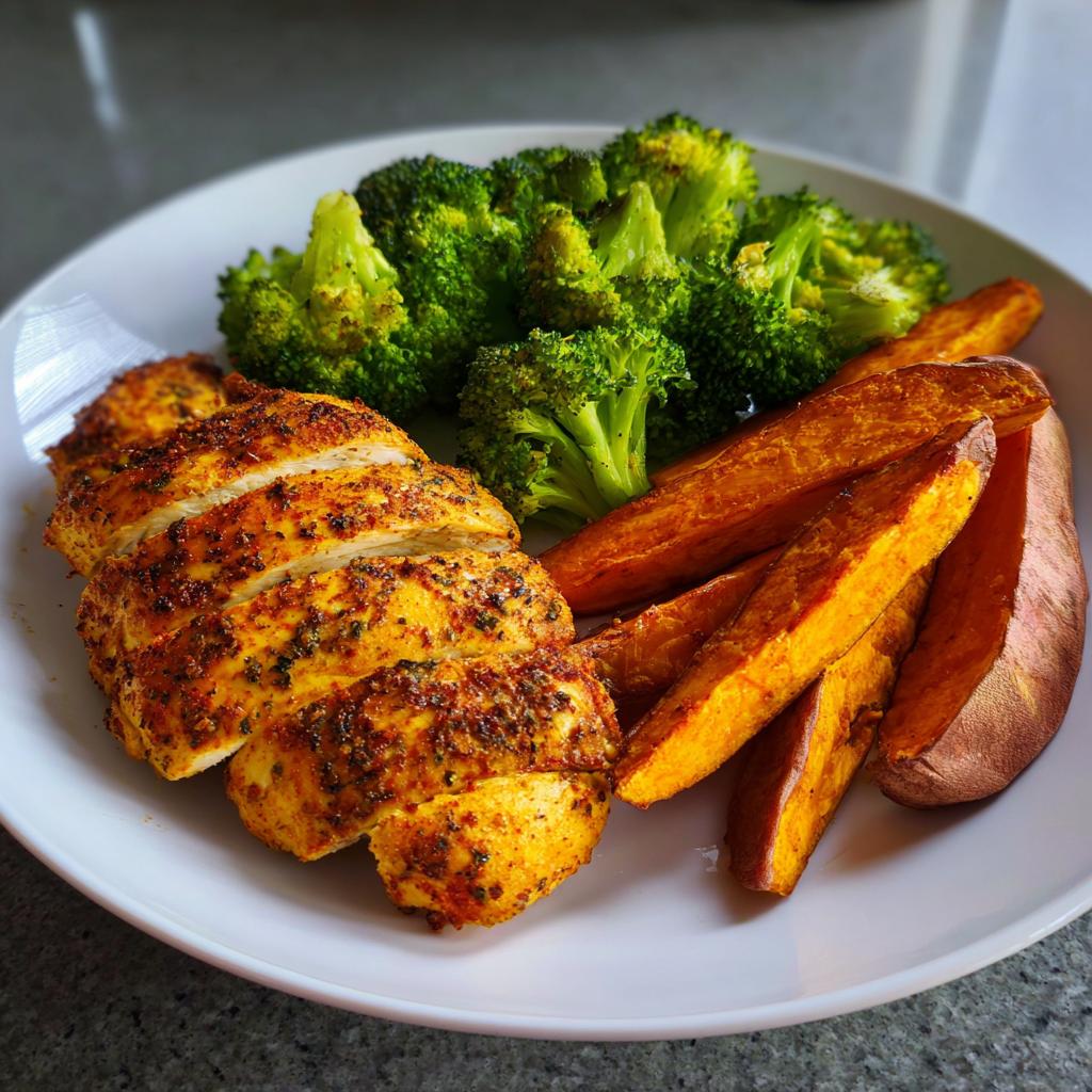 Air Fryer Chicken with roasted sweet potato wedges and broccoli