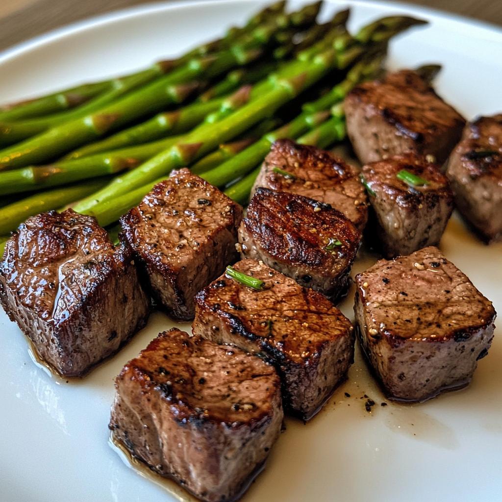Air Fryer Recipes for juicy steak bites with grilled asparagus