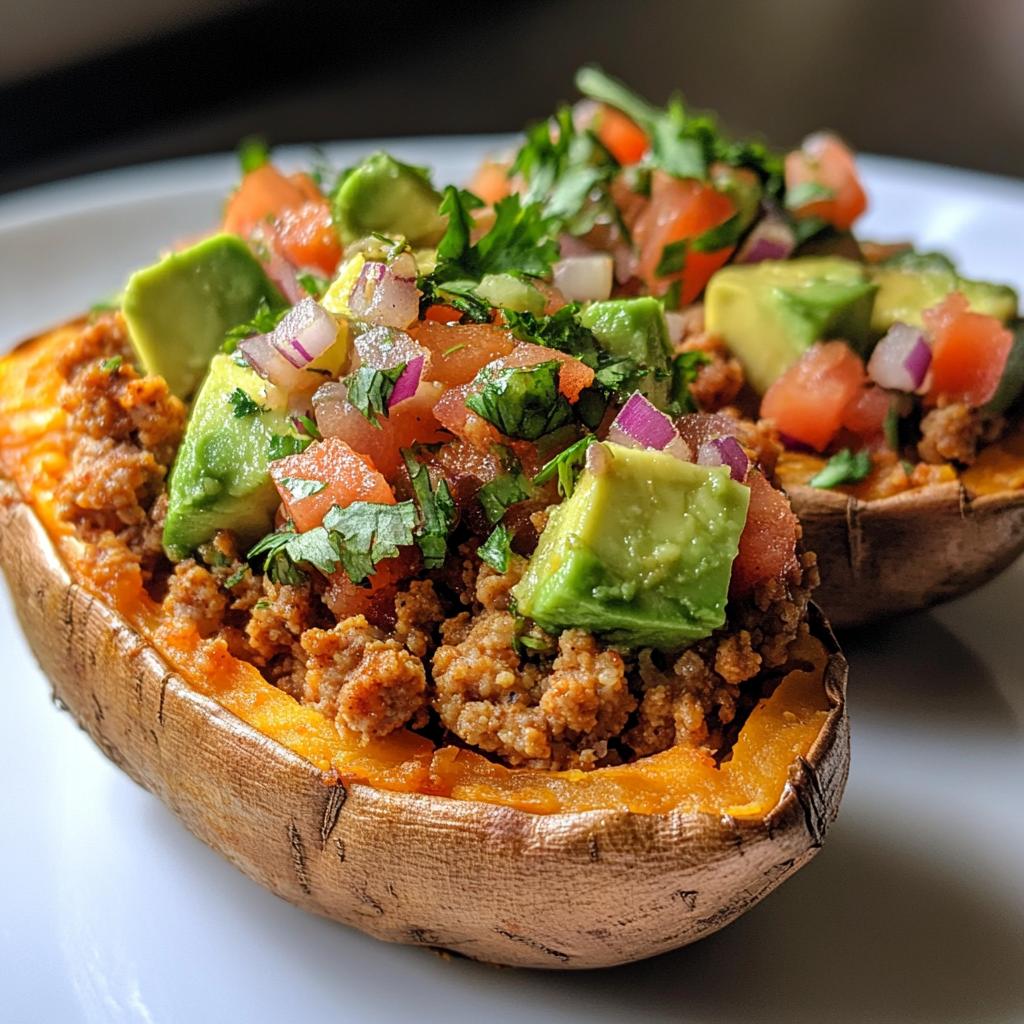Baked Sweet Potato with Ground Turkey and Avocado Salsa