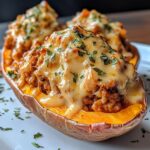 Baked Sweet Potato with Ground Turkey and Cheese Sauce