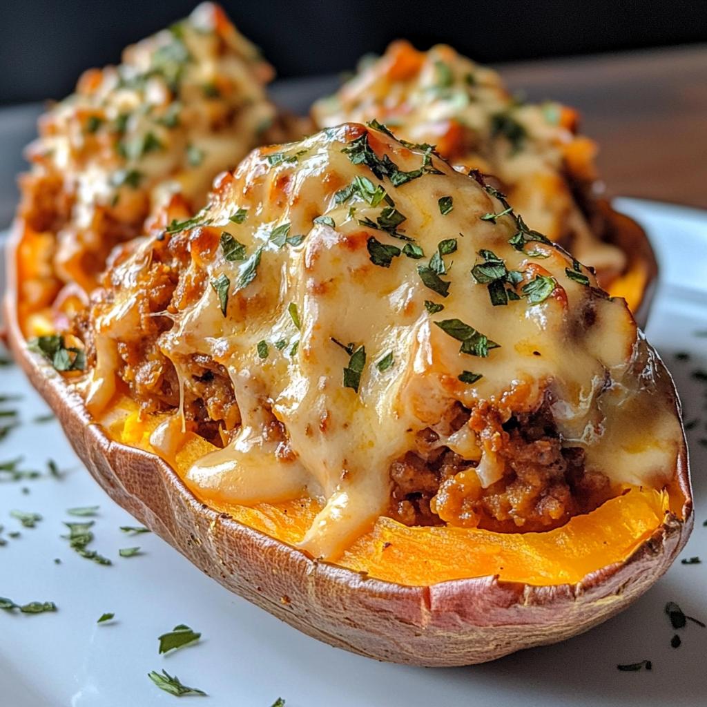 Baked Sweet Potato with Ground Turkey and Cheese Sauce