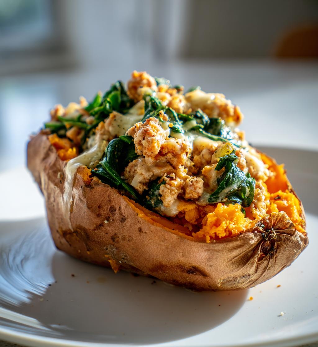 Baked Sweet Potato with Ground Turkey and Spinach
