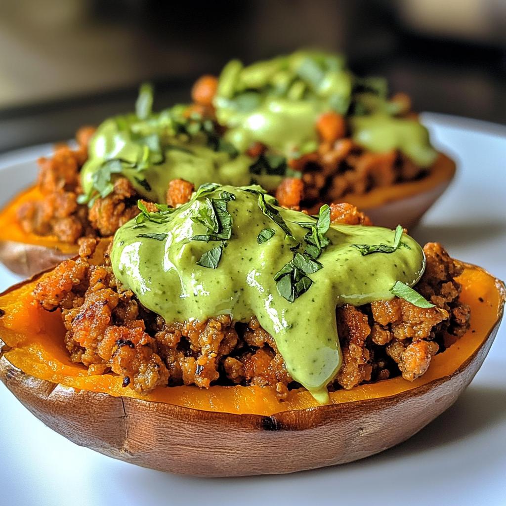 Baked Sweet Potato with Ground Turkey and creamy avocado dressing