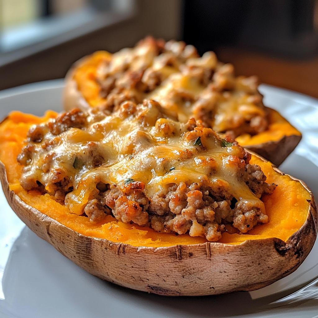 Baked Sweet Potato with Ground Turkey and melted cheddar topping