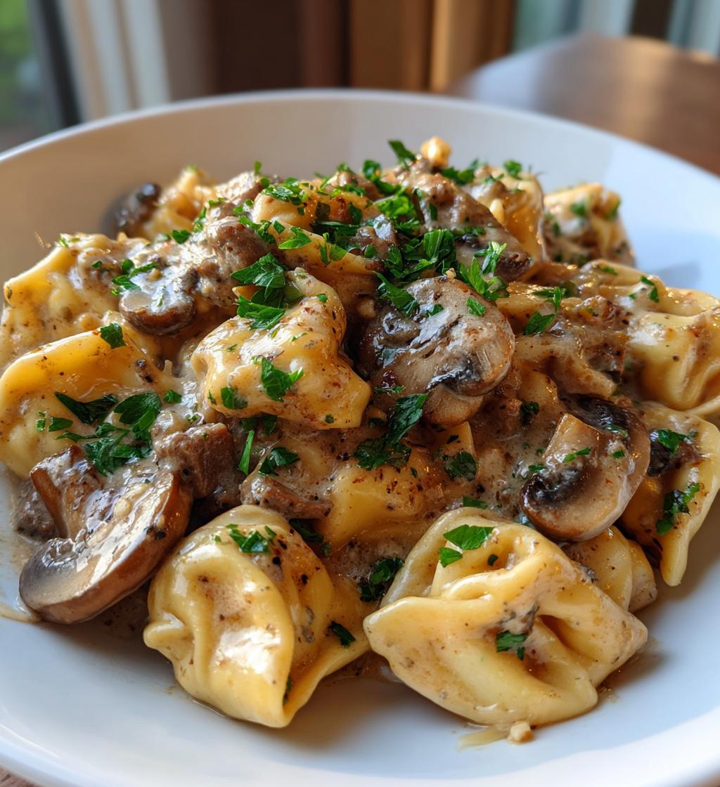 Beef Tortellini with Cheese and Mushroom Sauce