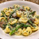 Beef Tortellini with Cheese and spinach cream sauce with asparagus tips