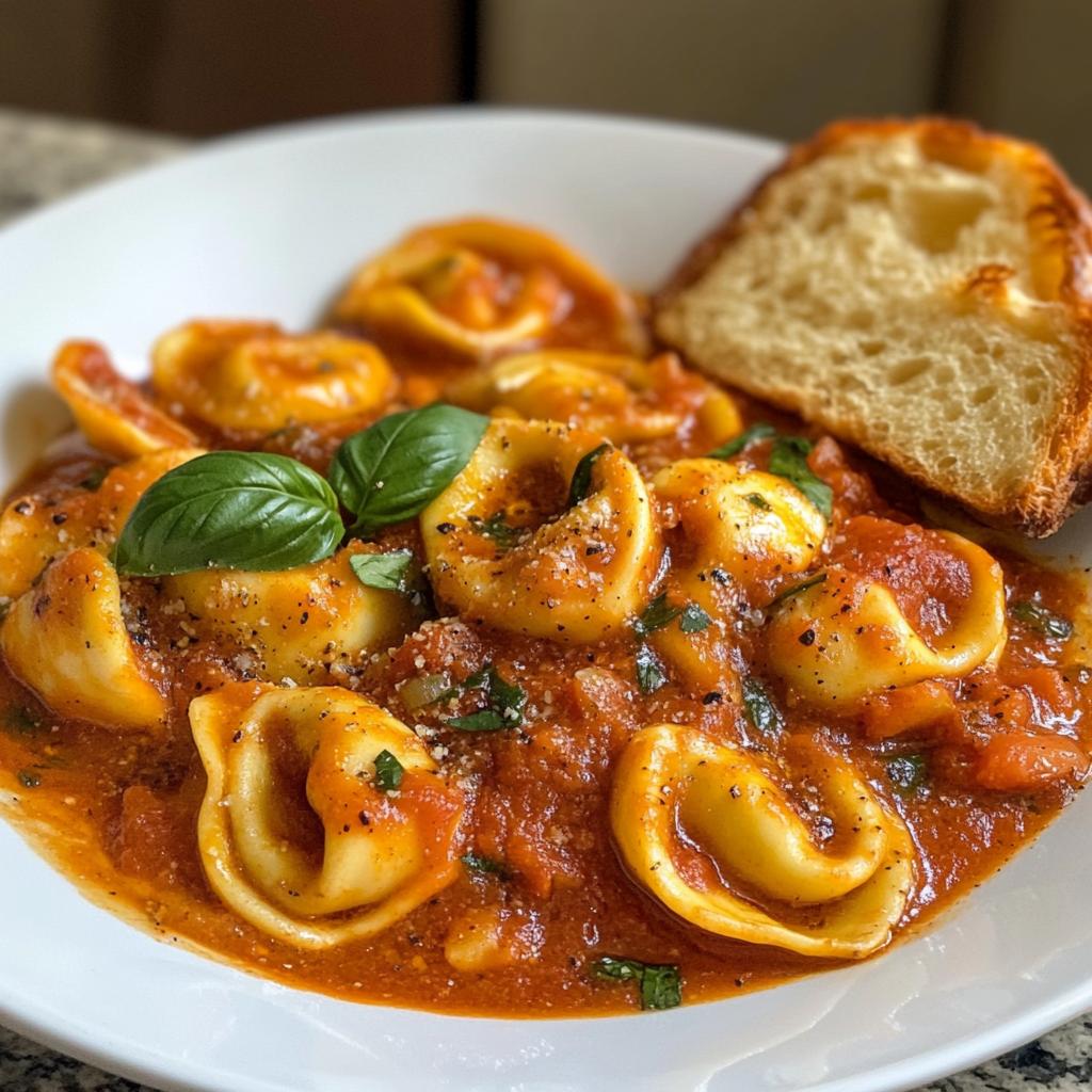 Beef Tortellini with Cheese and tomato basil sauce with garlic bread