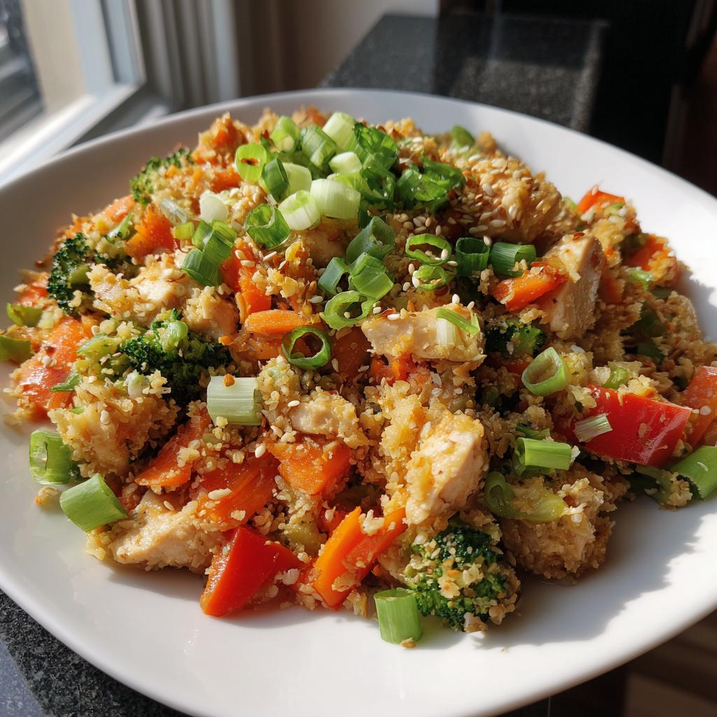 Cauliflower “fried rice” stir-fry packed with colorful veggies and lean protein.