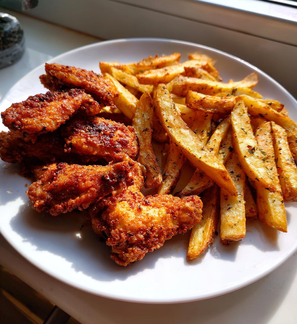 Crispy Fried Chicken Wings with Seasoned Potato Fries