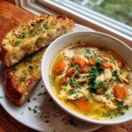 Delicious Chicken Soup with crusty garlic bread and fresh herbs