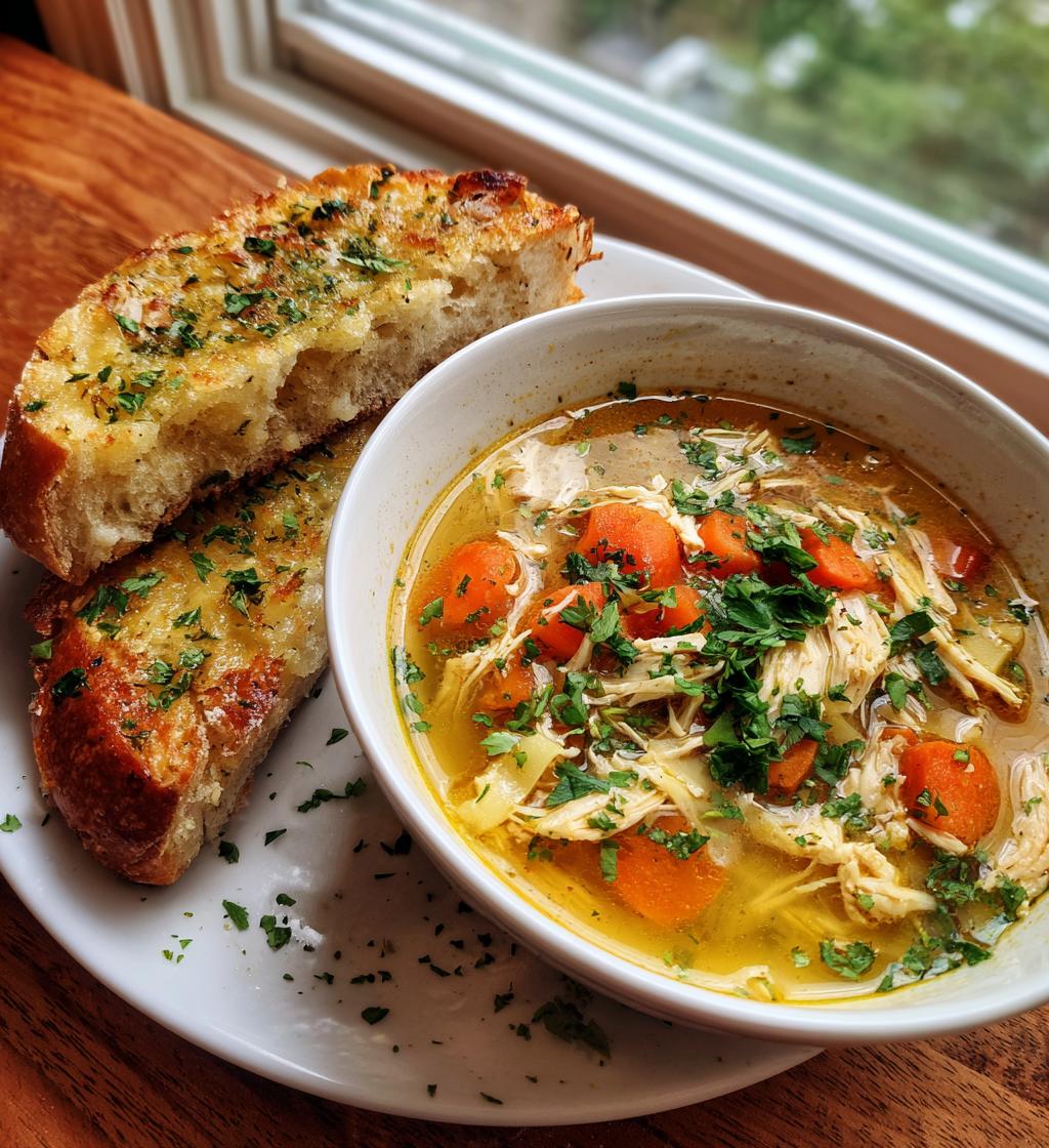 Delicious Chicken Soup with crusty garlic bread and fresh herbs