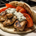 Delicious Greek Chicken Gyros with Homemade Creamy Tzatziki Sauce and grilled veggies
