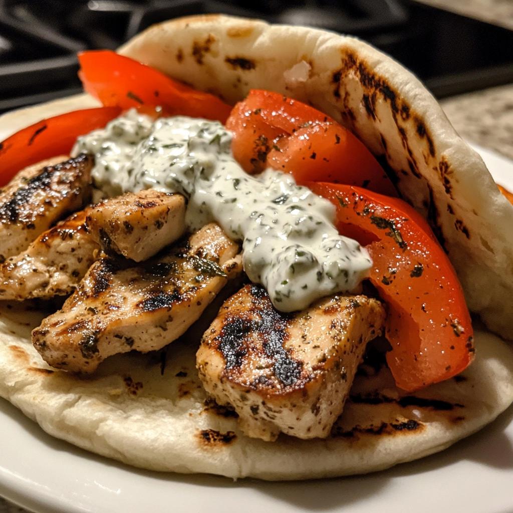 Delicious Greek Chicken Gyros with Homemade Creamy Tzatziki Sauce and grilled veggies