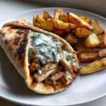 Delicious Greek Chicken Gyros with Homemade Creamy Tzatziki Sauce and oven-roasted potatoes
